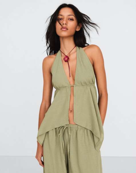 Bershka – Kakigrön topp med halterneck och knytning - view 1