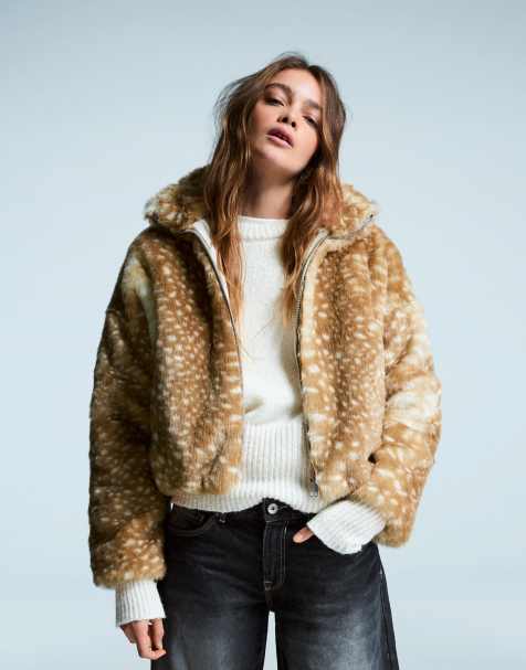 Bershka - Kamelbrun jakke i imiteret pels med dyreprint - view 1