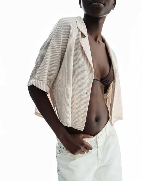 Bershka - Kamelfarvet rustik skjorte med tekstur og korte ærmer - view 1