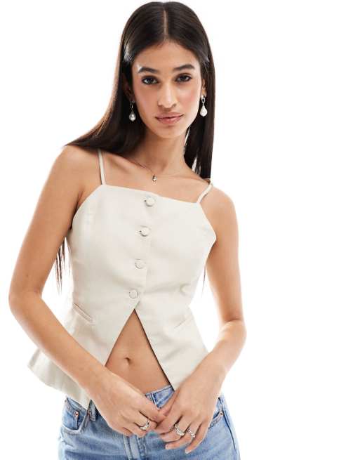 Bershka – Kamiennobeżowa dopasowana kamizelka z zabudowanym dekoltem