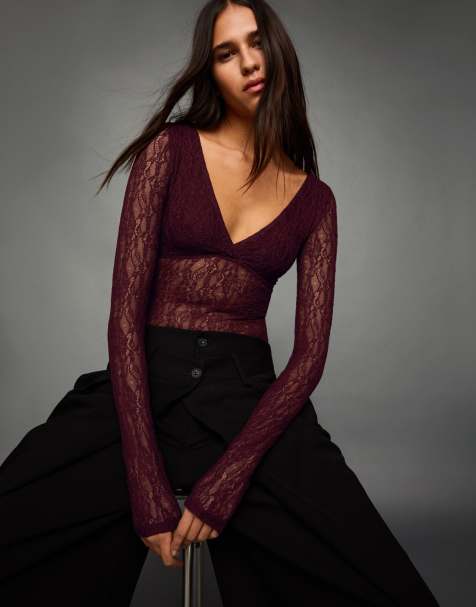 Bershka - Kanten body met lange mouwen in bordeauxrood - view 1