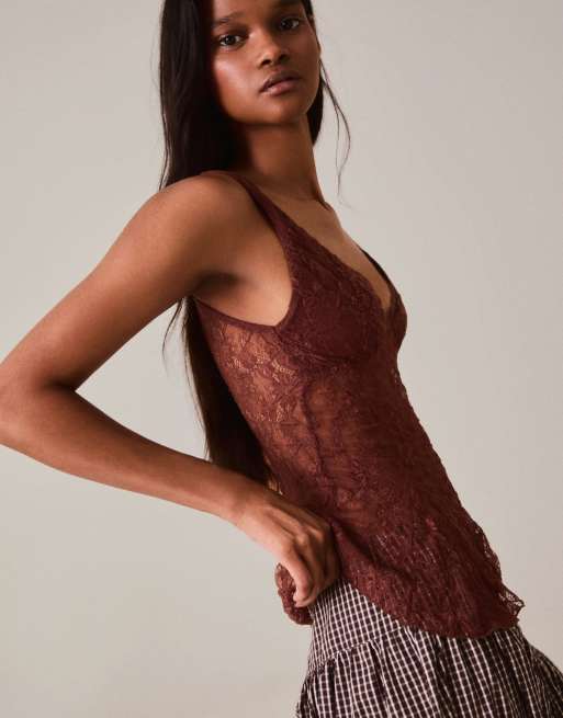 Bershka kanten cami in bruin, 2 van 5