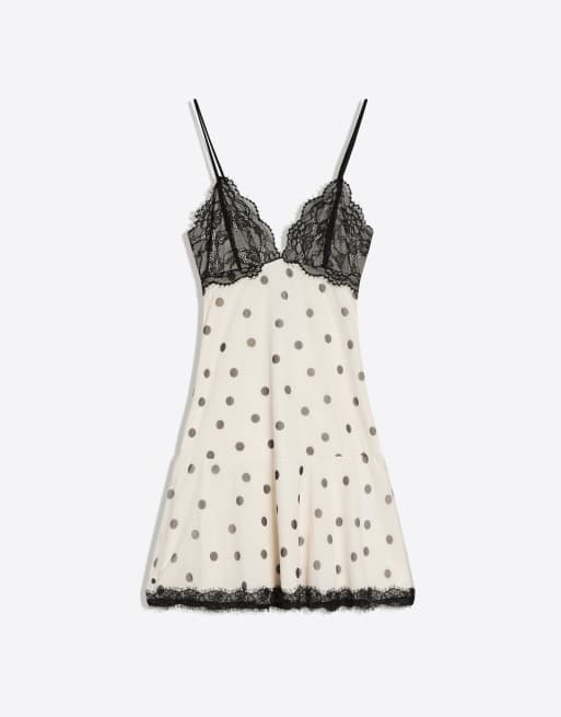 Bershka - Kanten mini jurk van tule met bandjes en print in ecru, 4 van 4