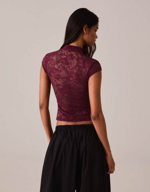 Bershka kanten top met sluiting in bordeauxrood, 3 van 5