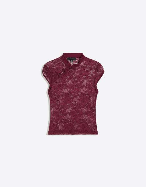 Bershka kanten top met sluiting in bordeauxrood, 5 van 5