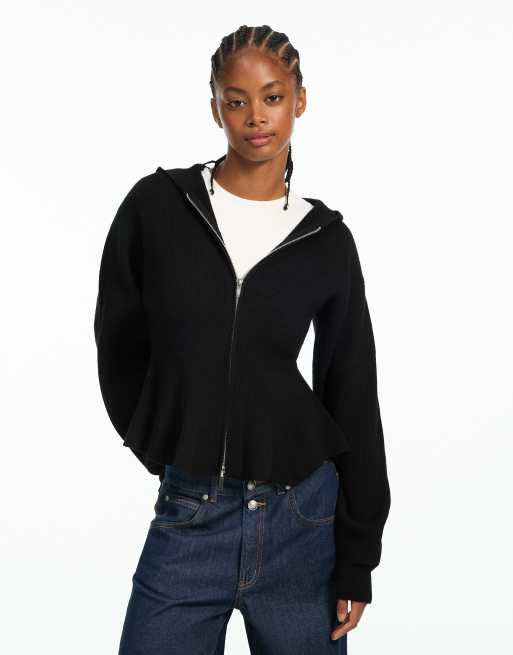 Bershka Kapuzen-Sweatshirt mit Schößchen in Schwarz, 4 von 6