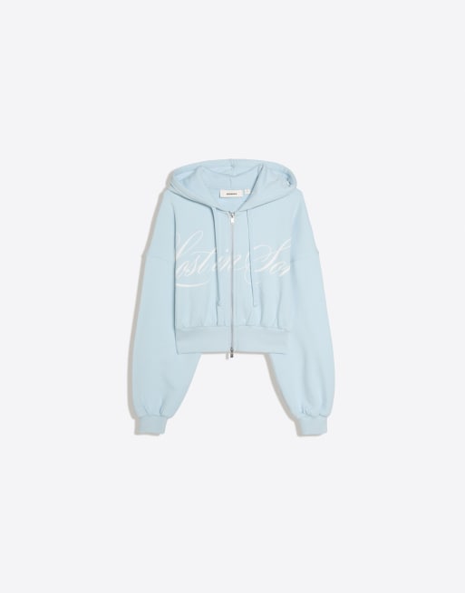 Bershka – Kapuzenjacke in Hellblau mit Reißverschluss und Print, 5 von 5