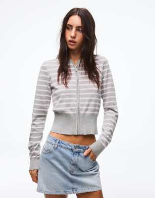 Bershka - Kapuzenjacke in Rosa gestreift mit Reißverschluss