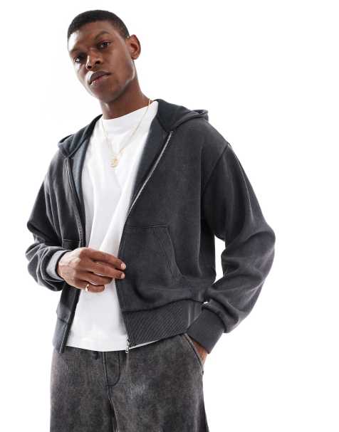 Bershka – Kapuzenjacke in verwaschenem Grau mit Reißverschluss, Kombiteil - view 1