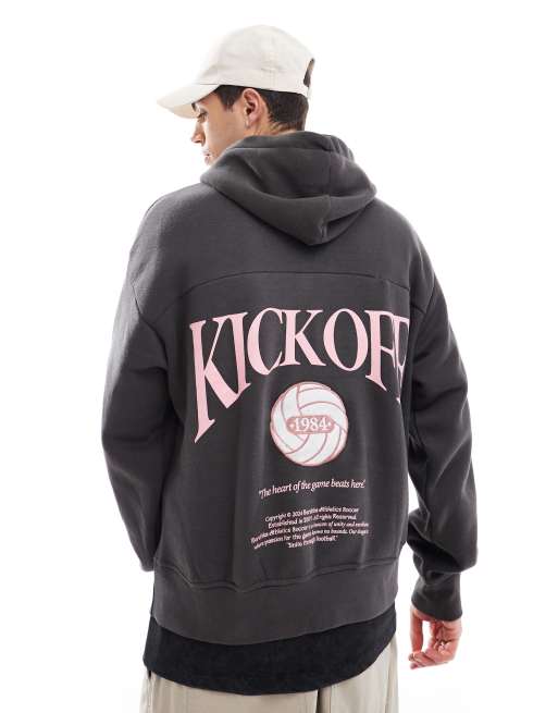 Bershka –Kapuzenpullover in Anthrazit mit „Kick Off“-Rückenprint 