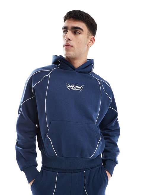Bershka – Kapuzenpullover in Blau mit Paspelierung, Kombiteil