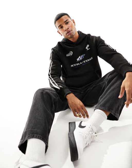 Bershka – Kapuzenpullover in Schwarz mit Motocross-Prints 
