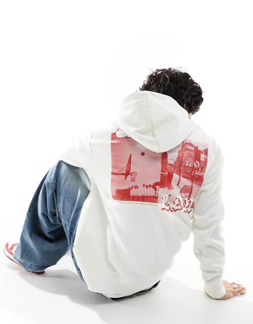 Bershka – Kapuzenpullover in Weiß mit City-Rückenprint