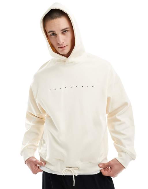 Bershka – Kapuzenpullover in Weiß mit farblich abgesetztem Print