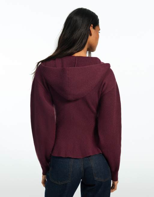 Bershka Kapuzensweatshirt mit Peplum in Burgunderrot, 3 von 6