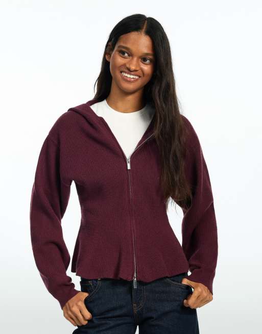 Bershka Kapuzensweatshirt mit Peplum in Burgunderrot, 5 von 6