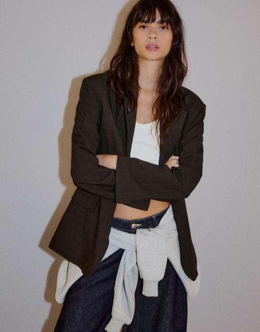 Bershka karierter Blazer in Braun, 2 von 5