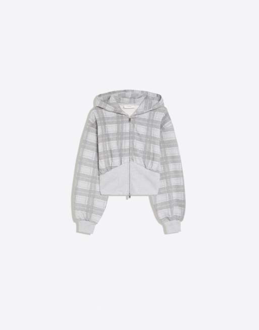 Bershka kariertes Kapuzen-Sweatshirt mit Reißverschluss in Hellgrau, 6 von 6