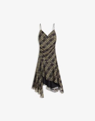 Bershka - Kariertes Midikleid aus Tüll in Schwarz mit schmalen Trägern