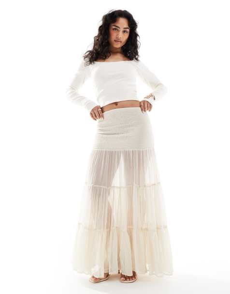 Bershka shirred tierred maxi skirt in ecru