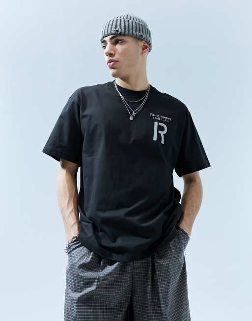 Bershka Kastig geschnittenes T Shirt in verwaschenem Schwarz mit Warehouse Print ASOS