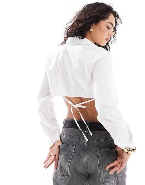 Bershka – Kastige Hemdbluse in Weiß mit Rückenschnürung - view 1