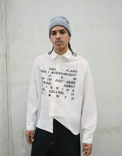 Bershka – Kastiges Hemd in Weiß mit Print - view 1
