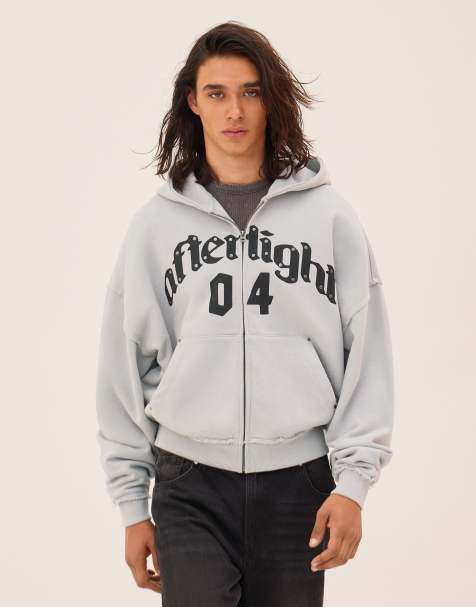 Bershka – Kastiges Sweatshirt in Hellgrau mit Reißverschluss und Print - view 1