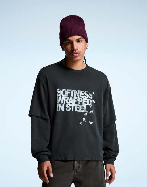 Bershka – Kastiges T-Shirt in Grau mit Print und doppellagigen Ärmeln - view 1