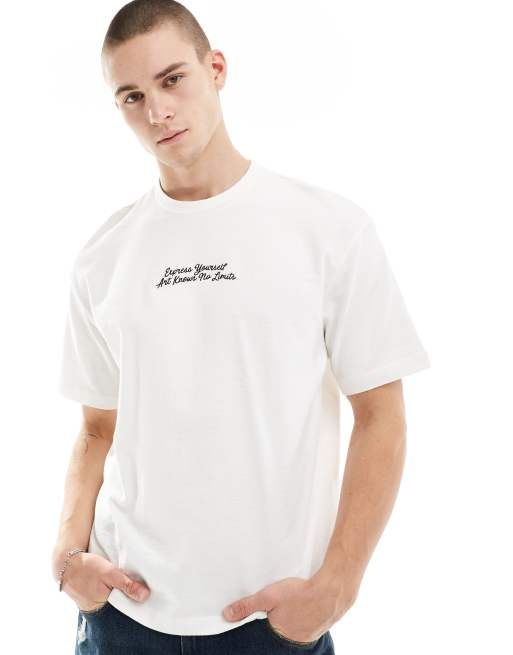 Bershka – Kastiges T-Shirt in Weiß mit strukturiertem Print auf der Vorderseite