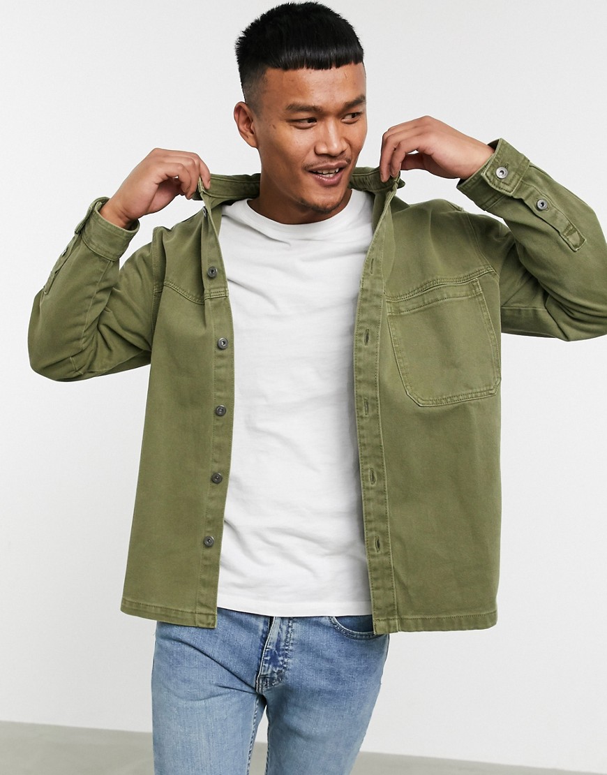 Bershka – Khakifärgad overshirt i denim-Grön