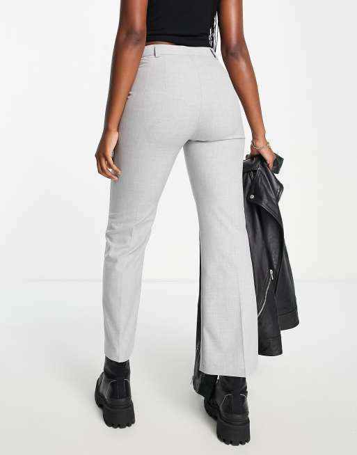 Bershka ribbed flare pant with lettuce hem in gray, ASOS