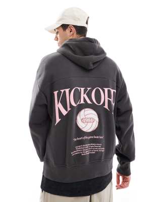 kick off back printed hoodie in charcoal-Gray