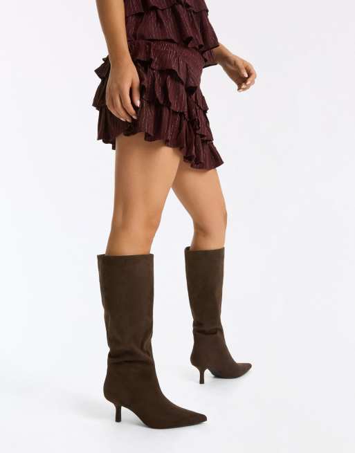Bershka Kitten heel boots in brown, 6 of 7