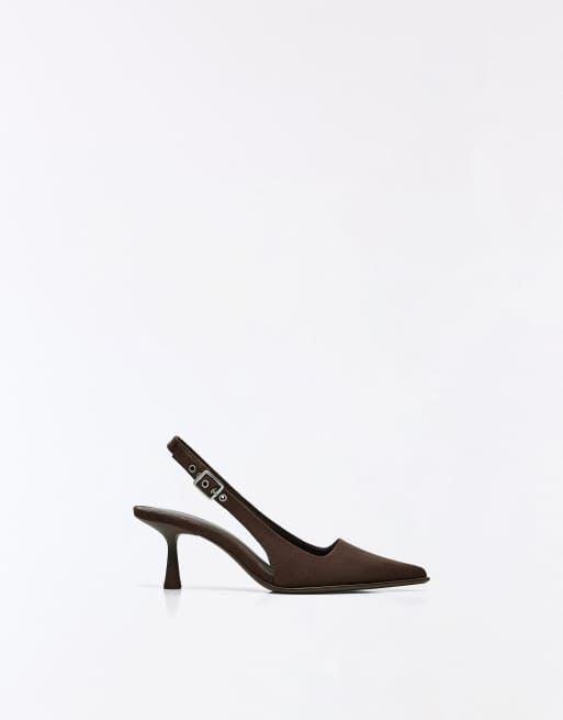 Bershka Kitten heel slingback shoes in brown, 3 of 7