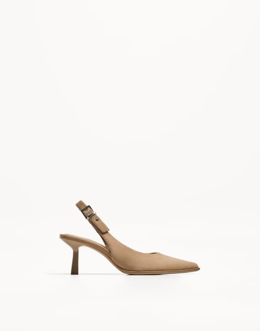 Bershka Kitten heel slingback shoes in tan - TAN