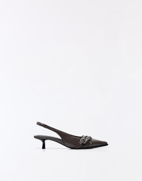 Bershka Kitten heel slingback shoes with buckles in grey - view 1
