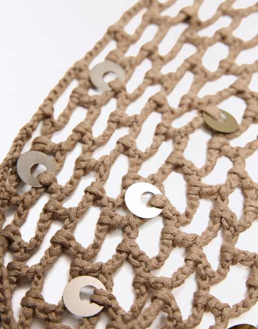 Bershka kjol med paljett- och virkad overlay i beige, 3 av 4