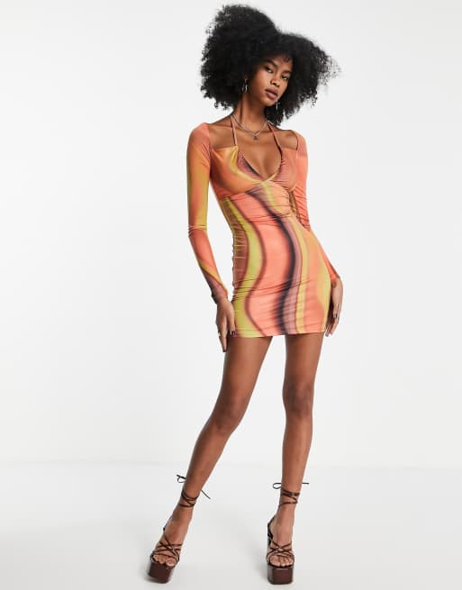 Bershka – Kleid in Orange mit Retro-Muster und Bindedetail