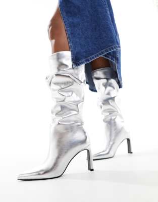 Bershka Knee High Boots In Silver Metallic