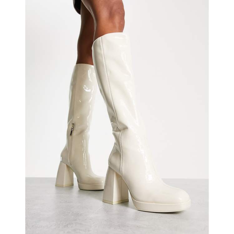 Bershka knee high faux leather boot in off white | ASOS