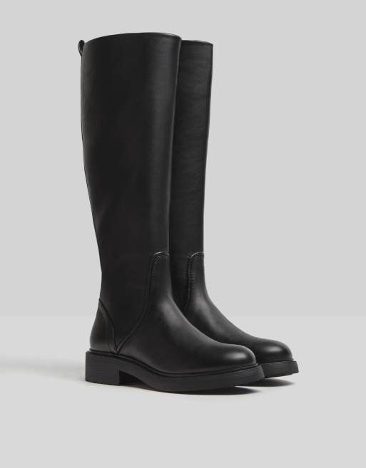 Black flat high knee cheap boots