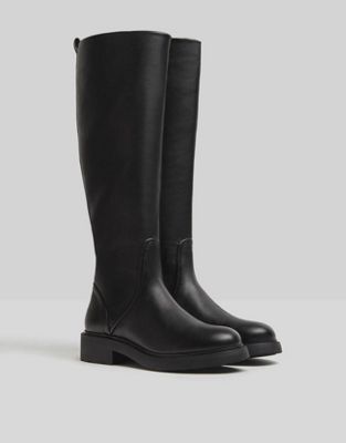 Bershka knee high flat boot in black