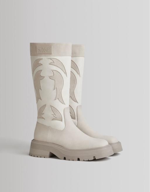 Bershka knee high flat western boot in ecru