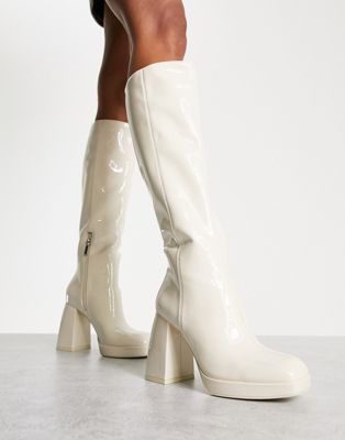 Bershka knee high faux leather boot in off white