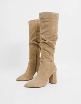 Bershka knee high suede boots in taupe-Neutral