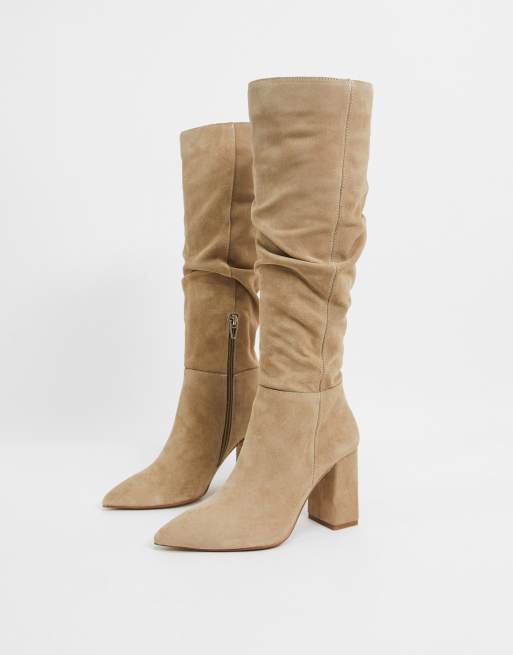 Bershka knee high suede boots in taupe