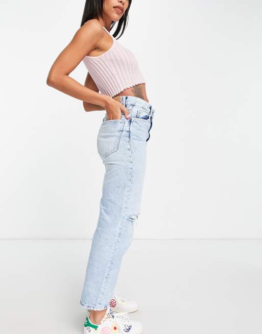 Bershka knee rip boyfriend jean in washed blue