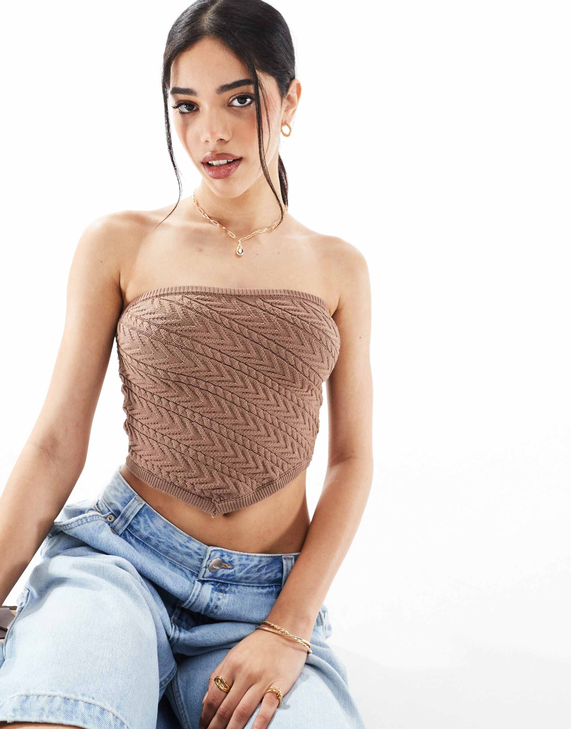 bershka knit bandeau top in brown