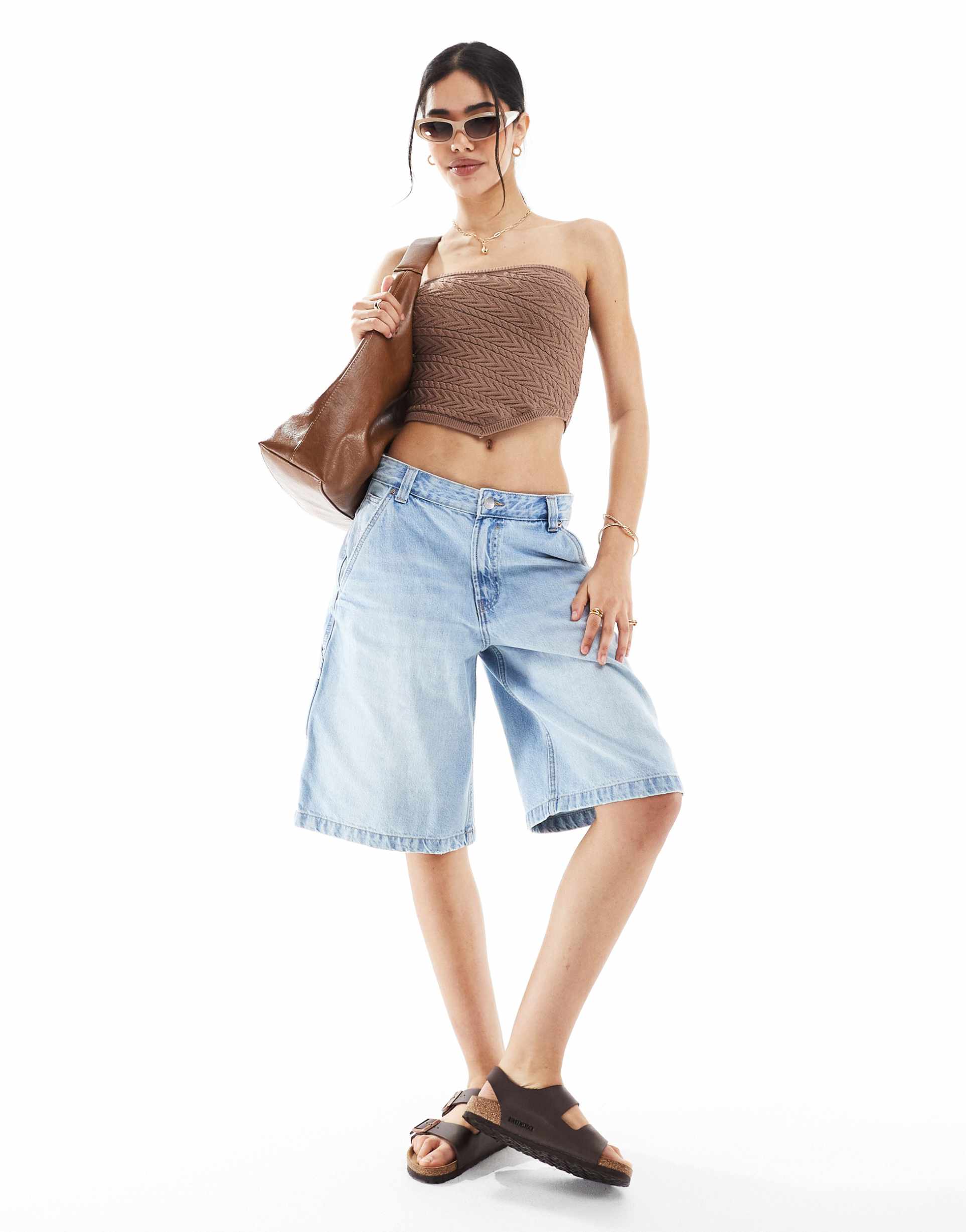 bershka knit bandeau top in brown